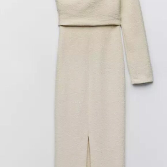 NEW ZARA 2023 MIDI TEXTURED ASYMMETRIC DRESS BEIGE SIZE L NWT RARE FIND - Picture 2 of 4